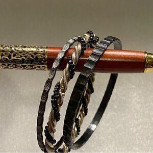 Elegant Stacked Bangles and Beaded Bracelet Gold and Silver Tone Set